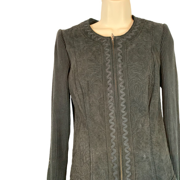 Peter Nygard Womens Jacket Black Floral Zipper Embroidered Knitted Leather M - Picture 4 of 9